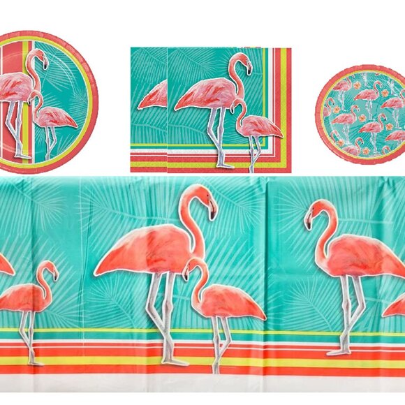 Flamingo Plates Napkins Table Cover for Luau Hawaiian Summer Pool Party Beach - Picture 1 of 6